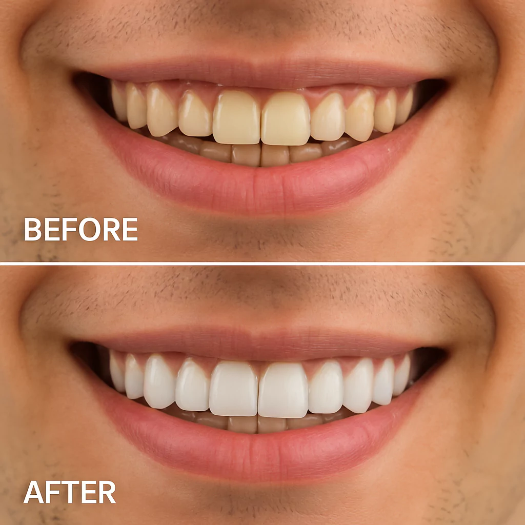 Before and after photo showing a smile transformation with porcelain veneers; top image shows discolored, uneven teeth, and bottom image shows bright, white, symmetrical teeth.