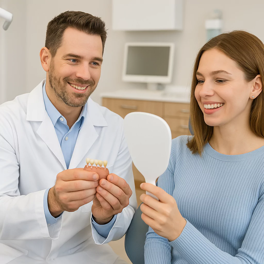Smiling dentist showing a dental bridge model to a female patient holding a mirror during a consultation in a modern dental clinic