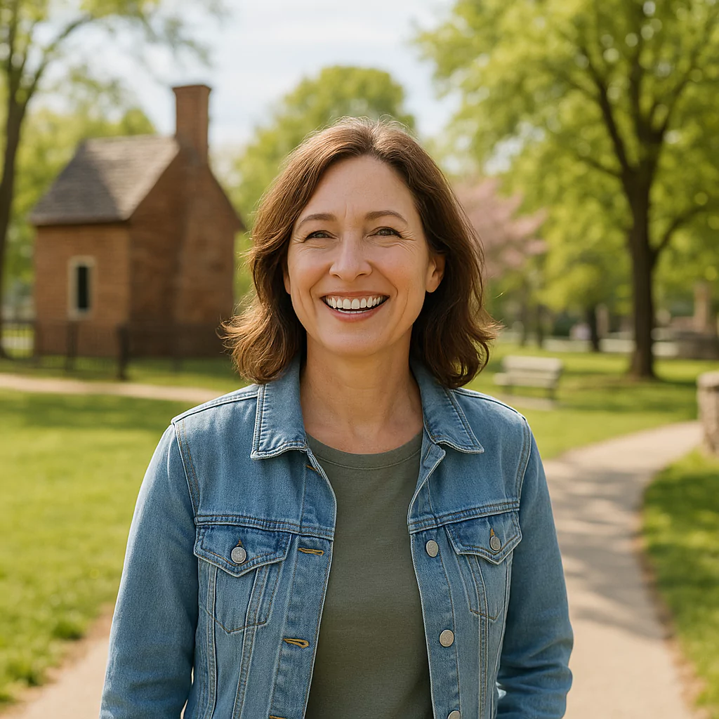 Happy woman smiling outdoors after receiving porcelain veneers in Winchester, VA