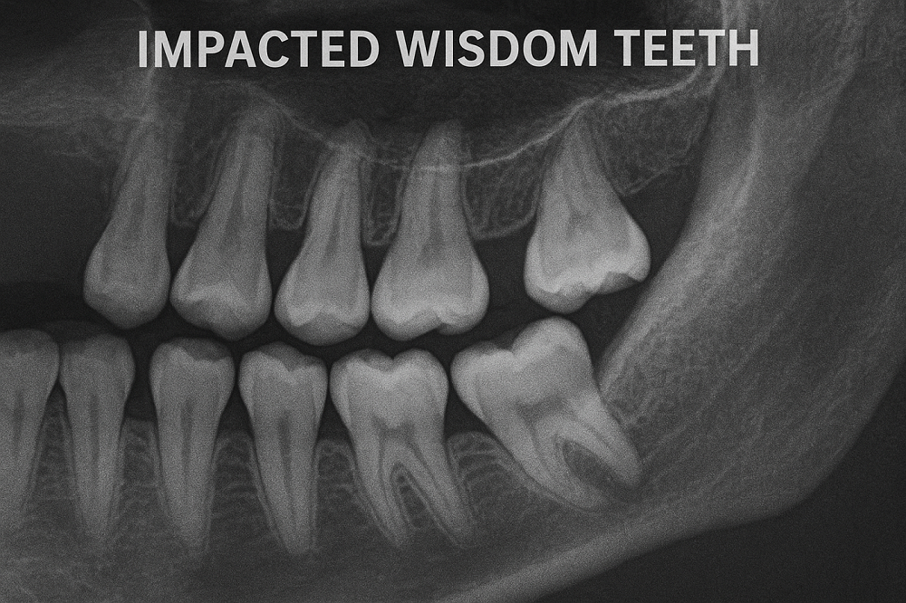 X-ray image showing impacted wisdom teeth, highlighting the misalignment and eruption issues of the molars at the back of the mouth