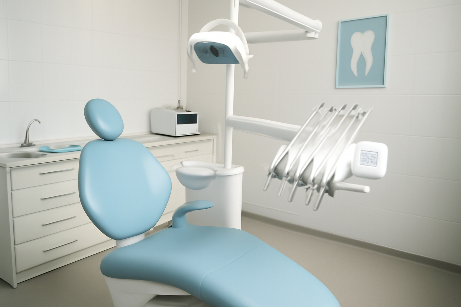 Modern dental clinic interior featuring a blue dental chair, dental equipment, and a minimalist design, ideal for Same Day Tooth Extraction in Winchester, VA, offering fast relief for dental pain