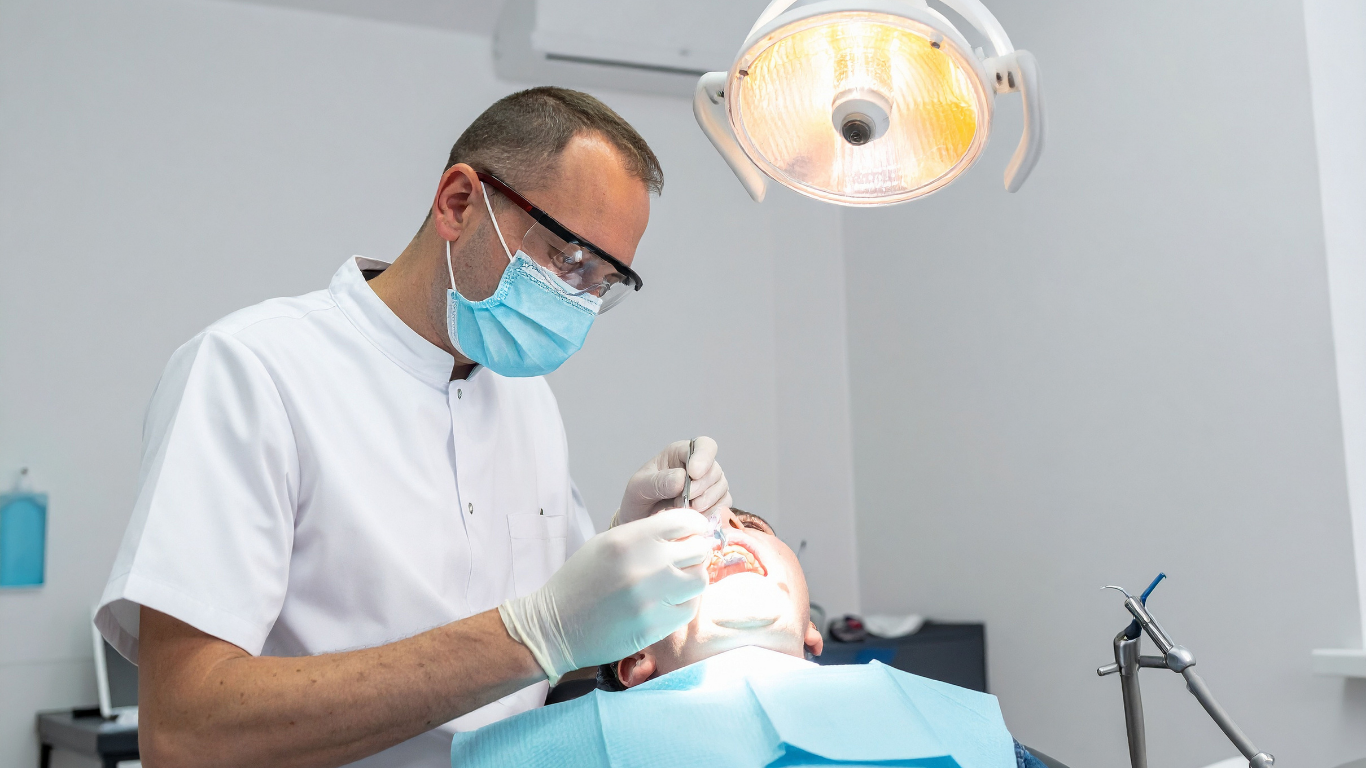 Dentist wearing a mask and protective glasses performing a dental procedure on a patient in a modern dental office under bright overhead lighting.