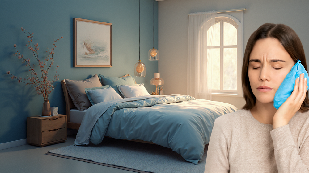 Patient applying a blue ice pack to her cheek while sitting in a cozy bedroom with soft lighting, a bed with light blue bedding, and decorative elements in the background