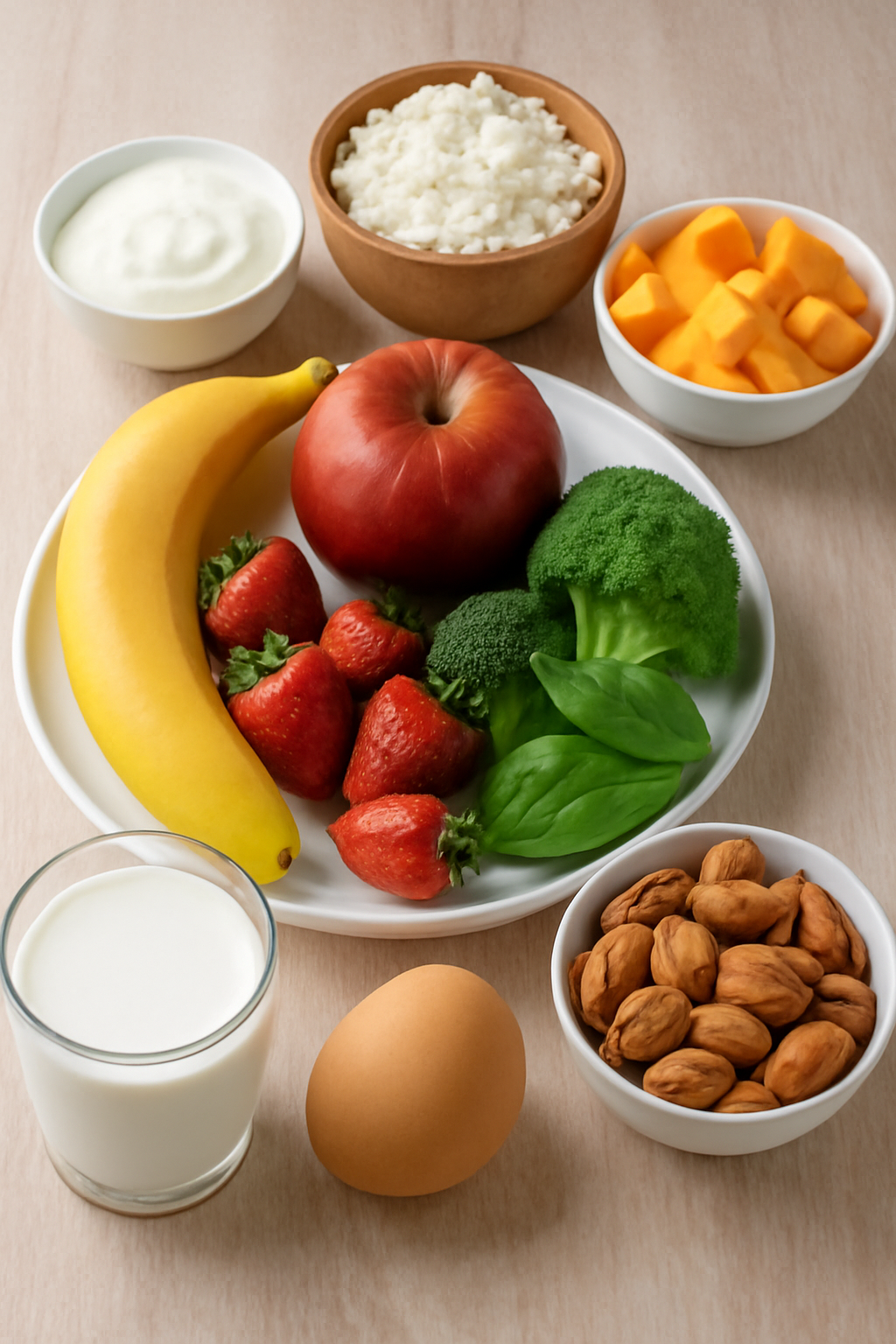 Variety of healthy foods for pregnancy and oral health, including fresh fruits, vegetables, yogurt, cottage cheese, almonds, milk, and an egg, arranged on a light wooden surface to emphasize a balanced diet rich in calcium and vitamins