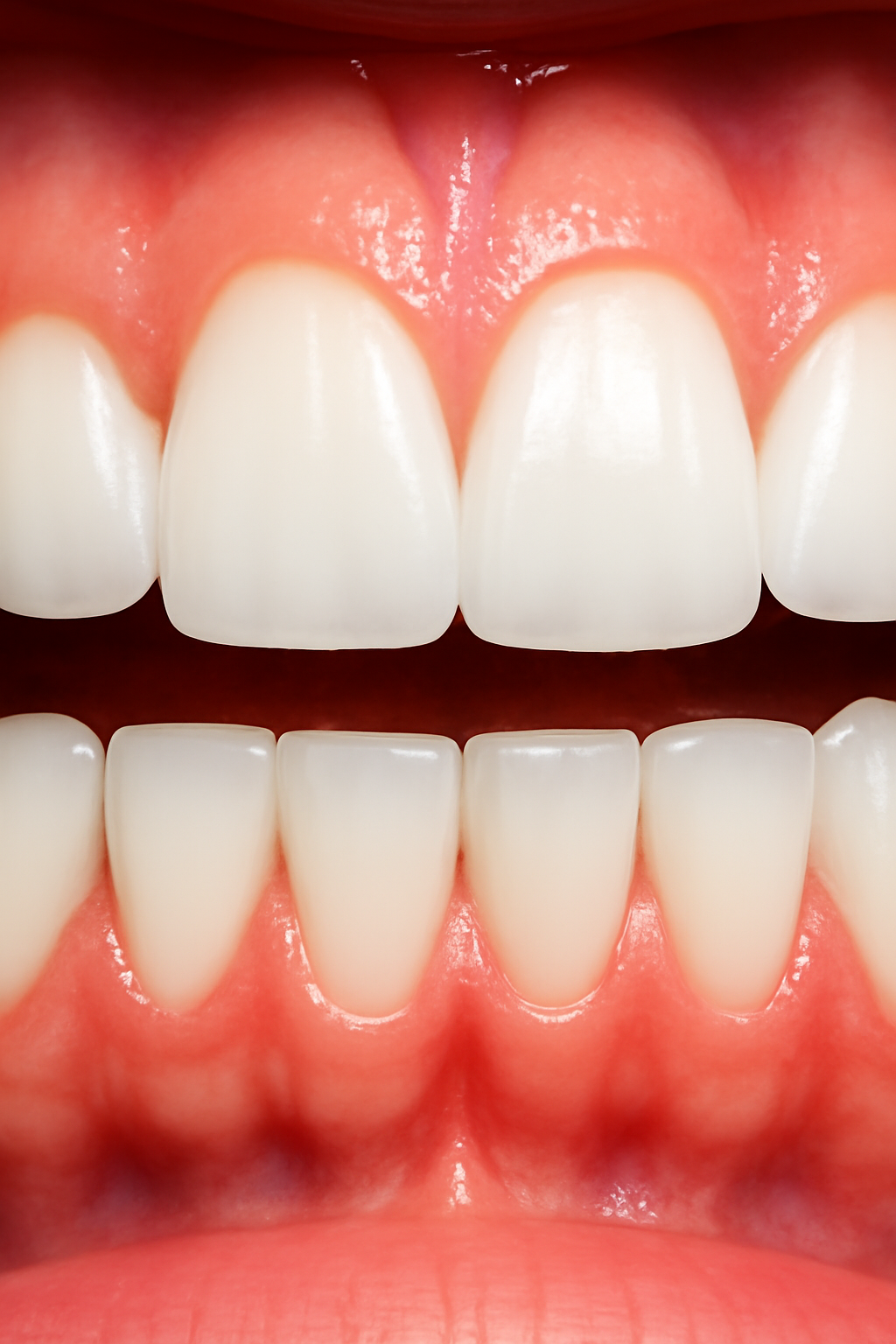 Close-up of healthy teeth and gums, showcasing well-aligned, white teeth and firm, pink gums, emphasizing the benefits of proper dental care and good oral hygiene