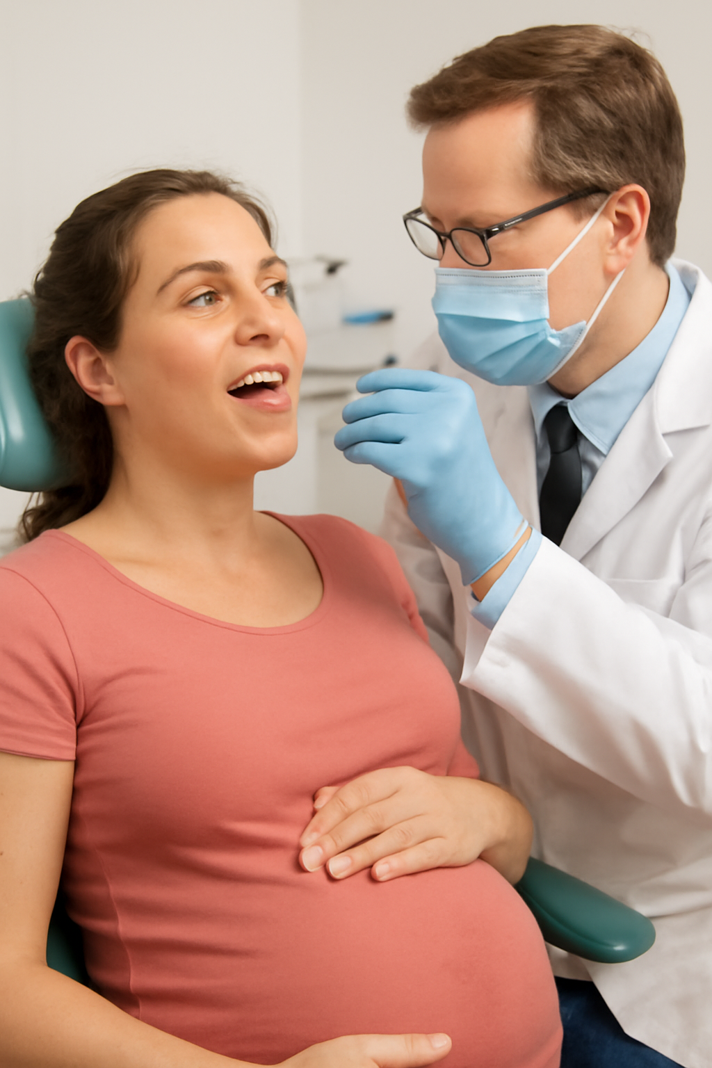 Pregnant woman in a salmon maternity shirt undergoing a dental checkup, with a male dentist wearing protective gear examining her teeth, emphasizing safe dental care during pregnancy