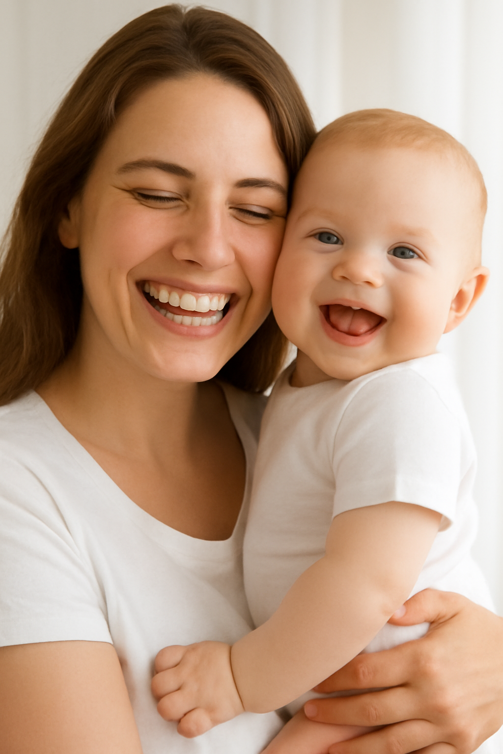 Happy young mother with long brown hair smiling while holding her joyful infant, both sharing a tender moment, emphasizing the positive outcomes of maintaining dental health during pregnancy.