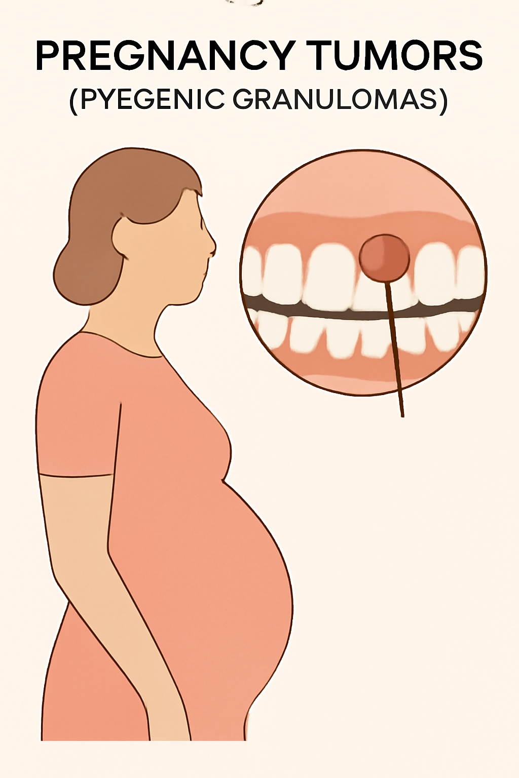 2D digital medical illustration showing a pregnant woman with a close-up of a pyogenic granuloma (pregnancy tumor) on her gums, highlighting the reddish, bumpy growth with clear labels and minimalistic design