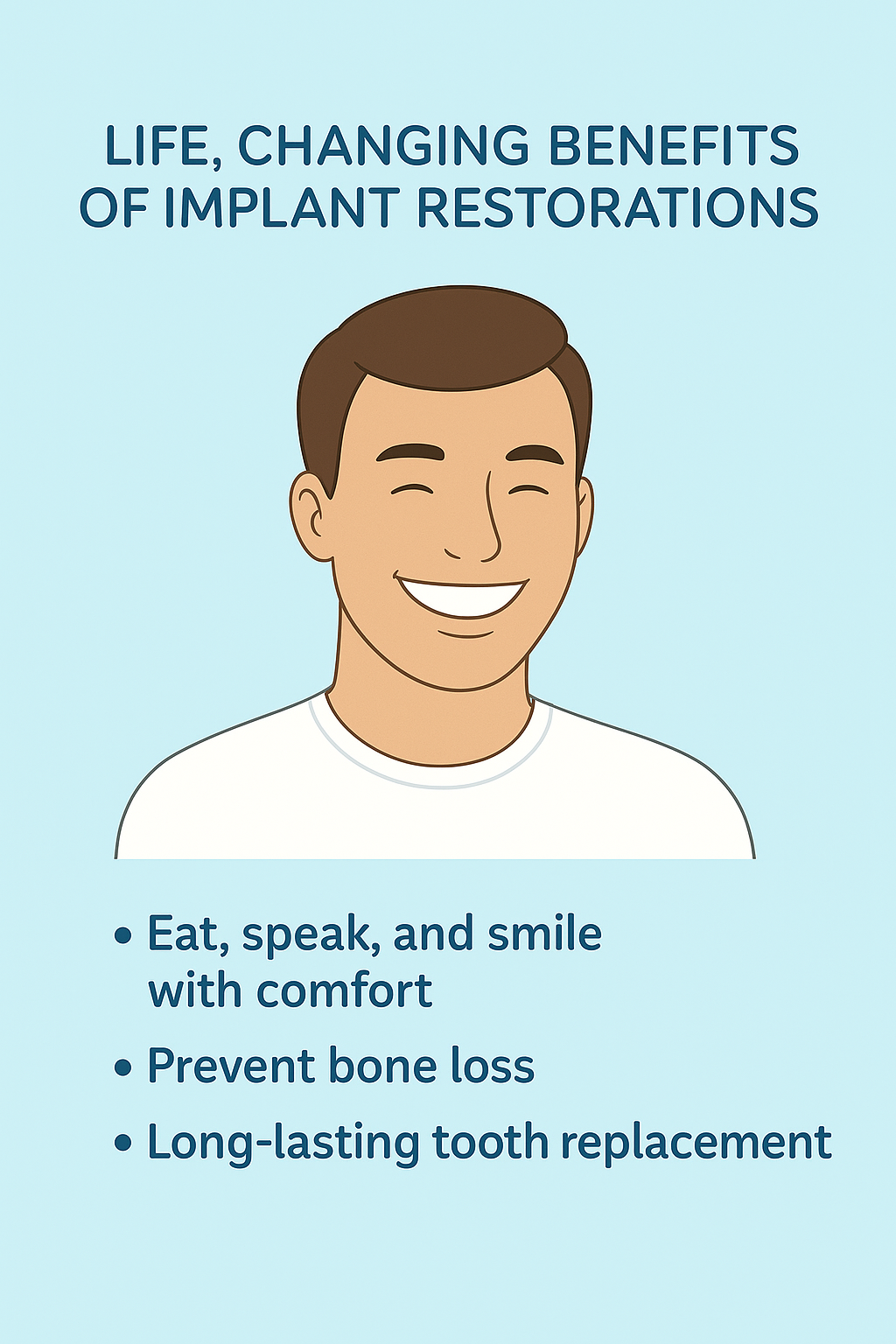 Infographic showing the three stages of getting an implant restoration: implant placement, healing period, and restoration placement, with simple dental illustrations