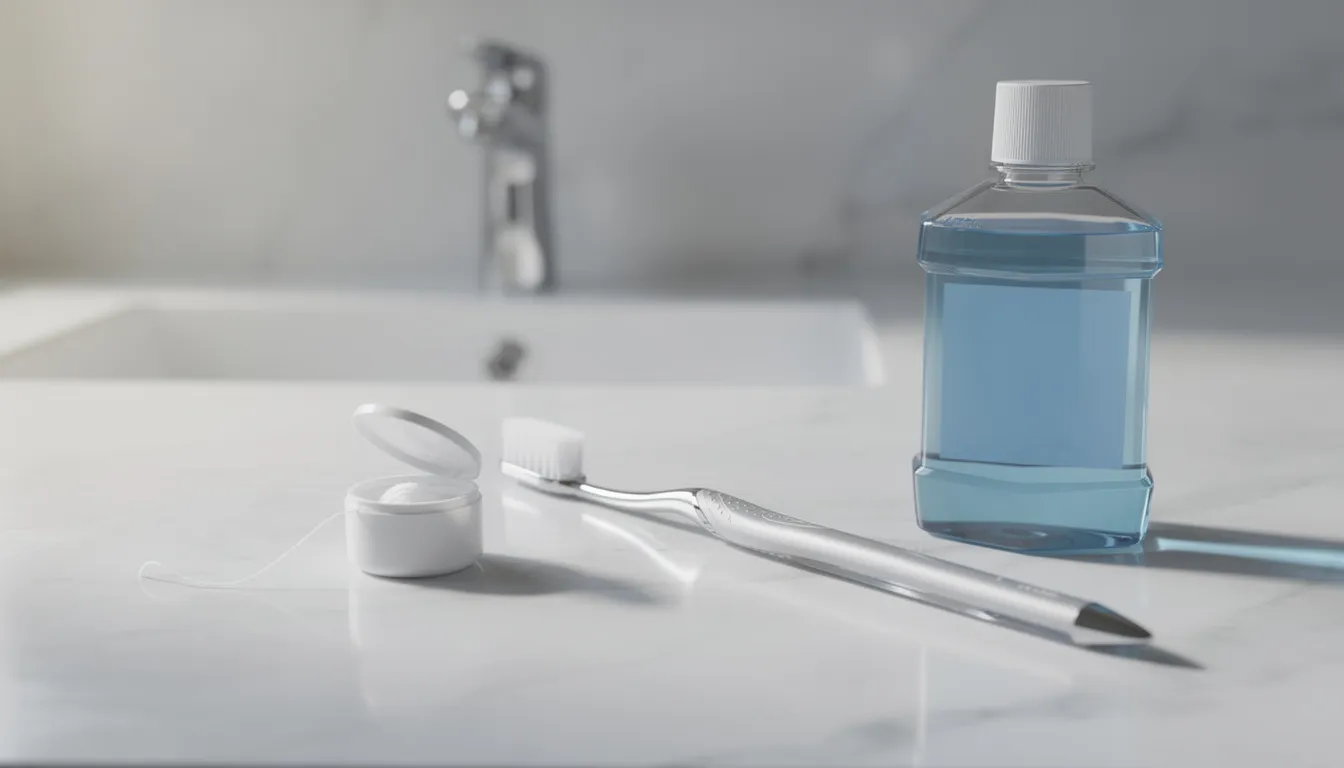 The image displays a variety of dental hygiene products on a bathroom counter, including a toothbrush, dental floss, and a bottle of mouthwash, all essential for maintaining good oral health and preventing gum disease. Proper oral hygiene practices, such as brushing and flossing, can help avoid symptoms of gum disease like bleeding gums and tooth loss.