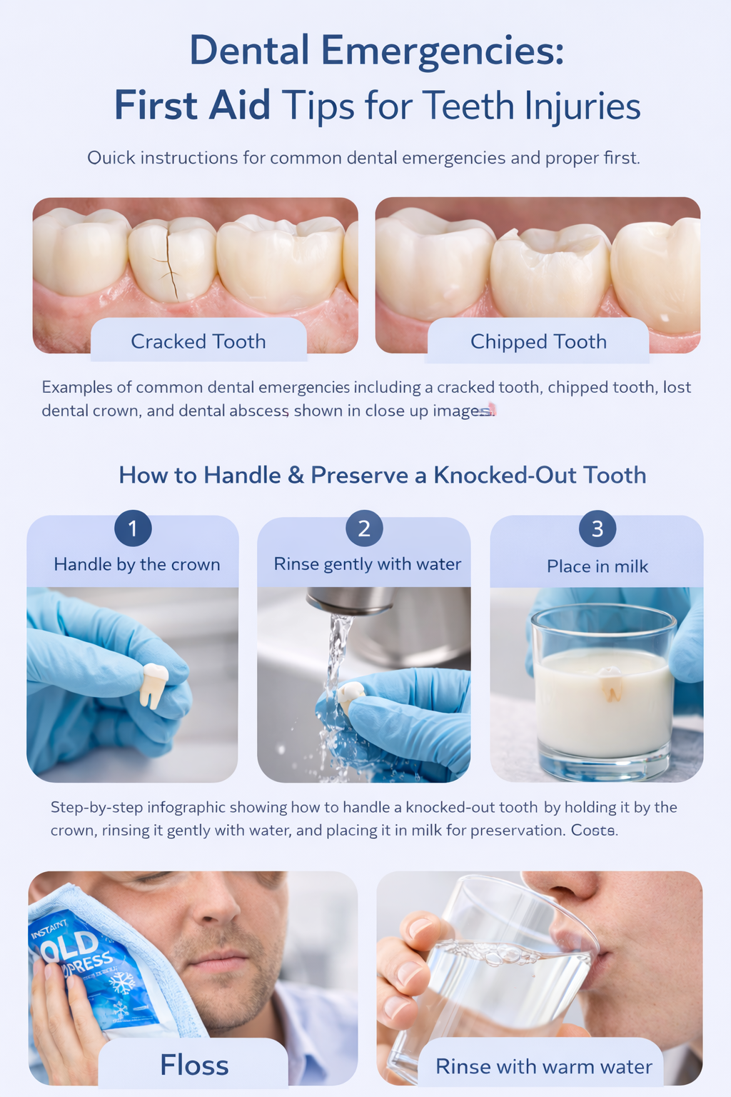 Dental emergency infographic showing common issues like cracked and chipped teeth, step-by-step instructions for handling a knocked-out tooth, and preventive care tips such as using a cold compress, flossing, and rinsing with warm water.