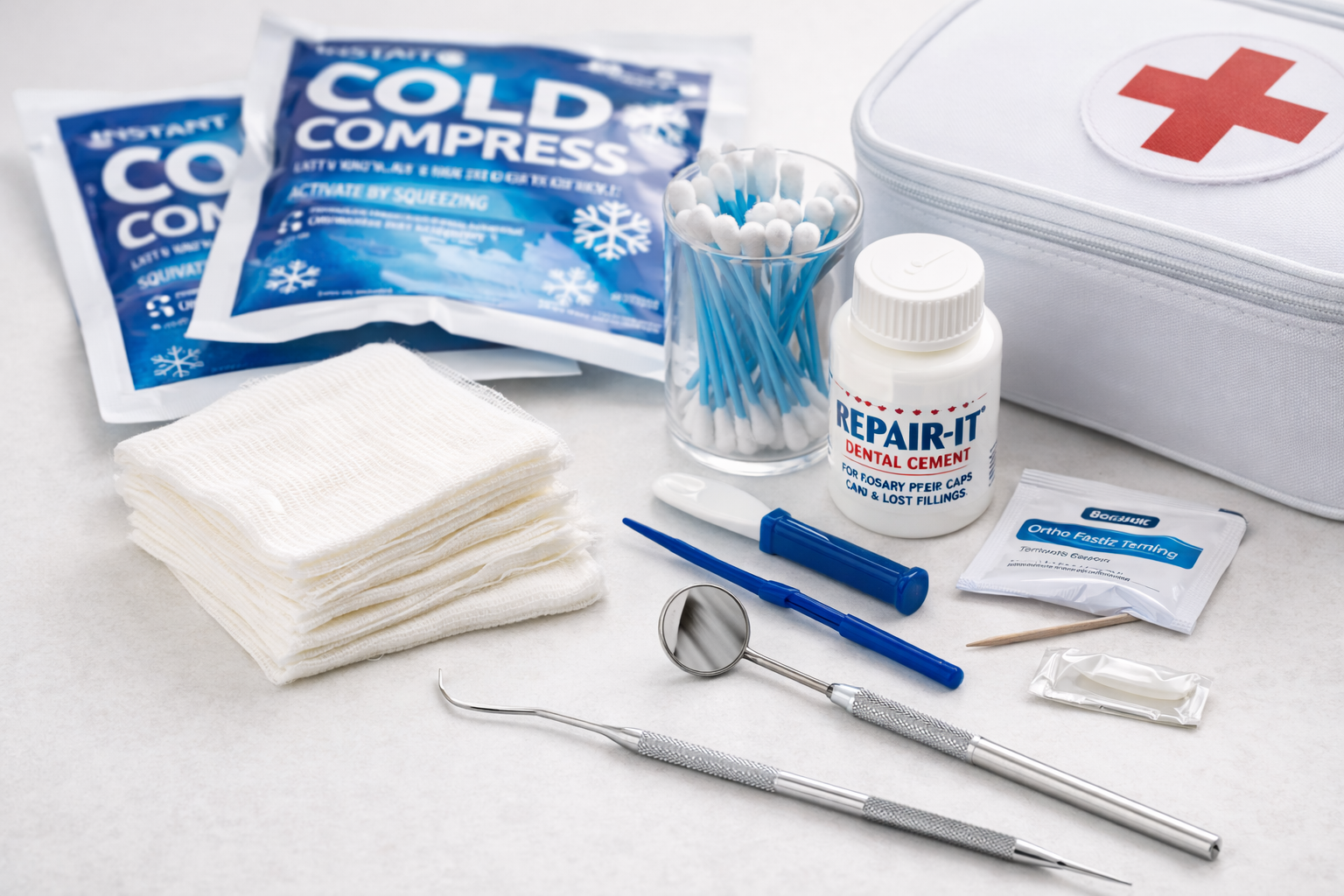 Dental emergency kit with gauze, dental cement, cold compress packs, and basic dental tools arranged on a clean surface.