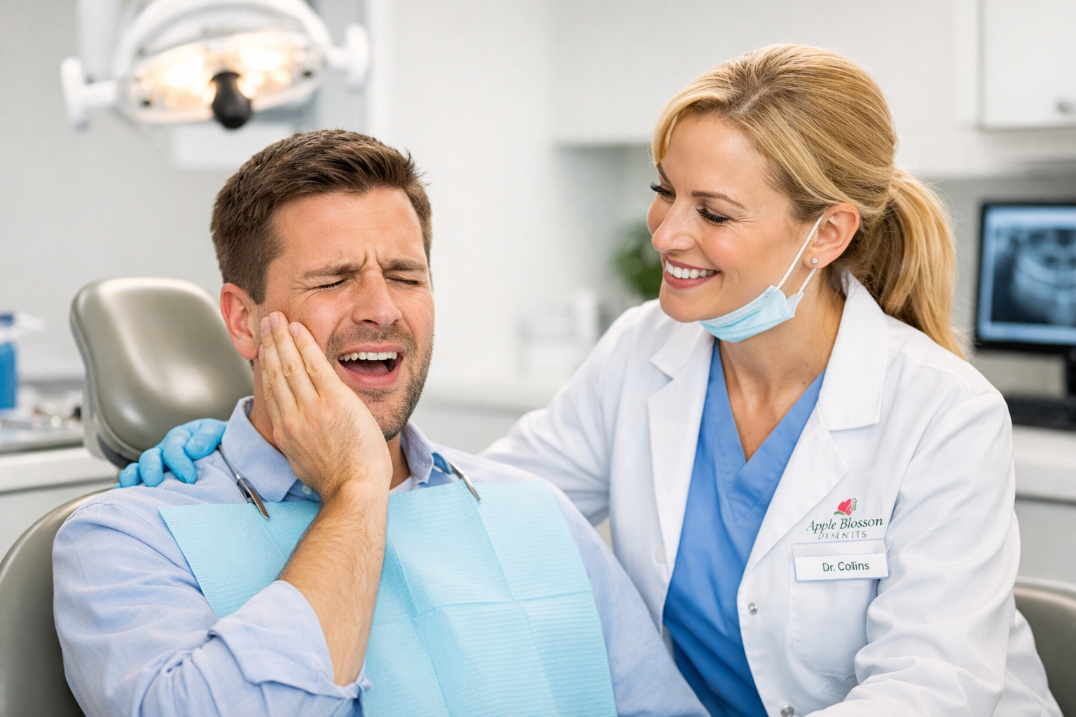 A photo of a patient consulting with a dentist or dental professional in a clinic setting, ideally showing calm and attentive care.