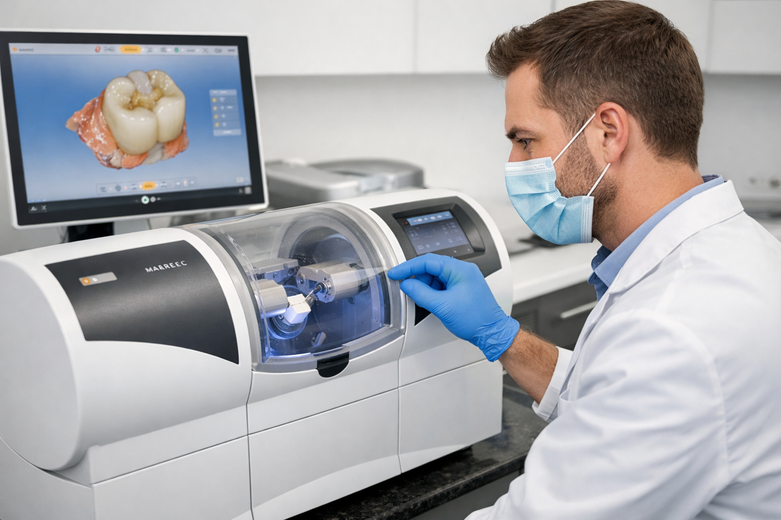 Dentist using CEREC technology to digitally scan and mill a same-day dental crown in a modern dental office