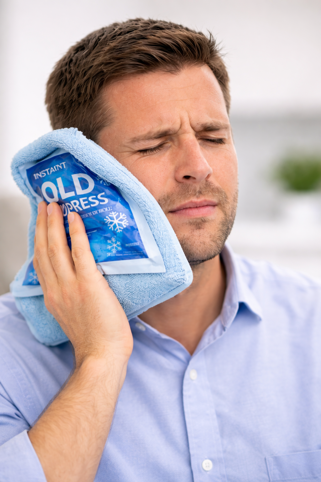 Person applying a cold compress to the cheek to reduce swelling and pain after dental trauma.