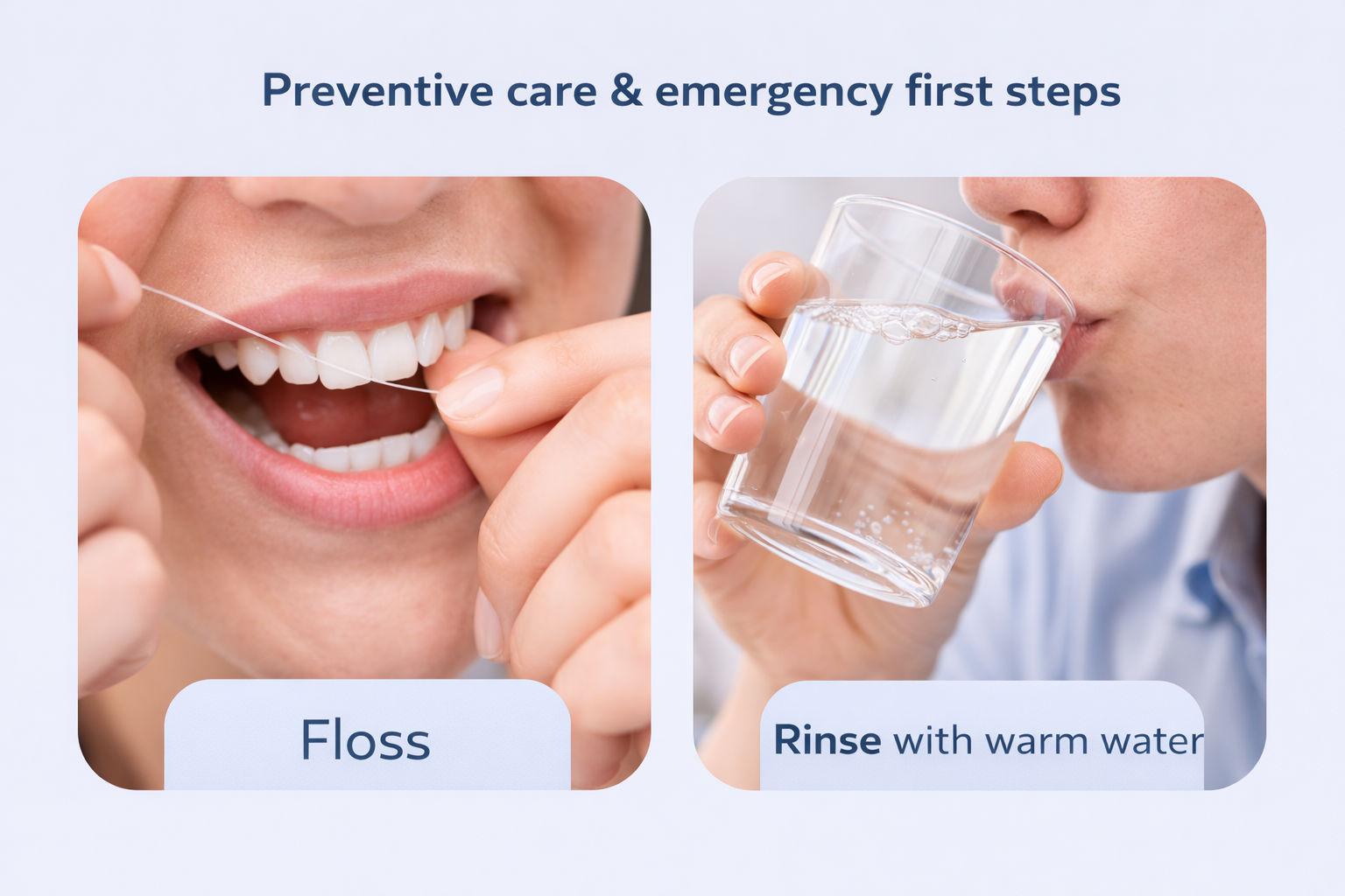 Illustration showing flossing teeth and rinsing the mouth with warm water as preventive dental care and emergency first steps.