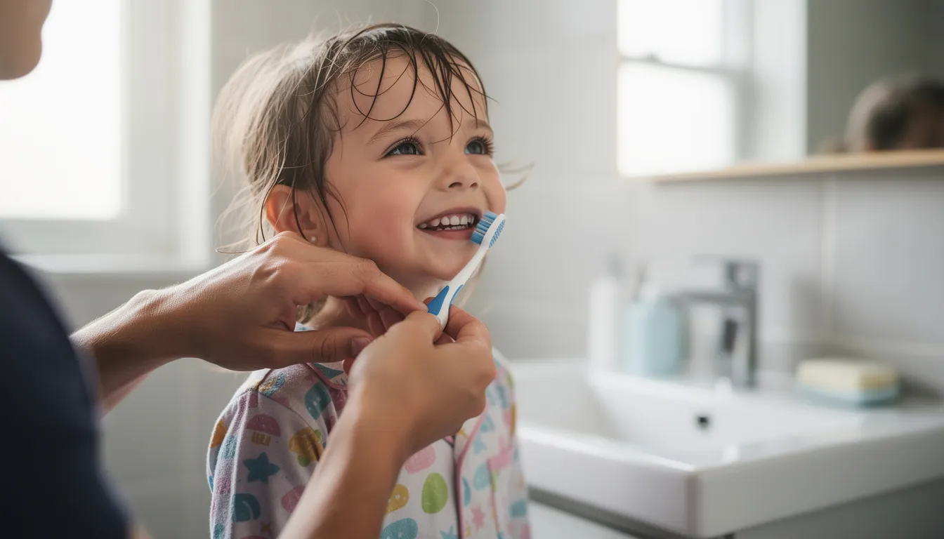 A young child smiles brightly with a toothbrush in their mouth while a parent assists in brushing their teeth, highlighting the importance of good oral hygiene and regular dental care for optimal oral health. This joyful moment underscores the significance of instilling healthy dental habits in children to prevent tooth decay and ensure a confident smile.