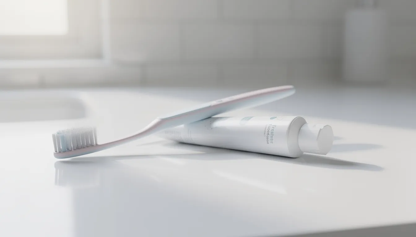 A soft-bristled toothbrush sits on a clean white bathroom counter next to a tube of toothpaste, symbolizing the importance of good oral hygiene and regular brushing for optimal oral health. This simple setup highlights the foundational elements of dental care that can help prevent tooth decay and promote a confident smile.