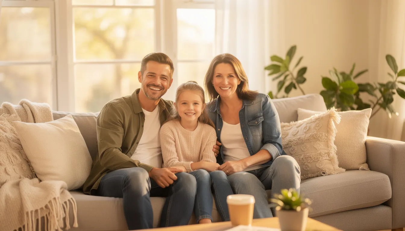 A joyful family with bright smiles is sitting together on a cozy couch in a sunlit living room, reflecting the importance of good oral hygiene and regular dental check-ups for optimal oral health. Their relaxed demeanor showcases the confidence that comes from proper dental care and the truth behind common dental myths.