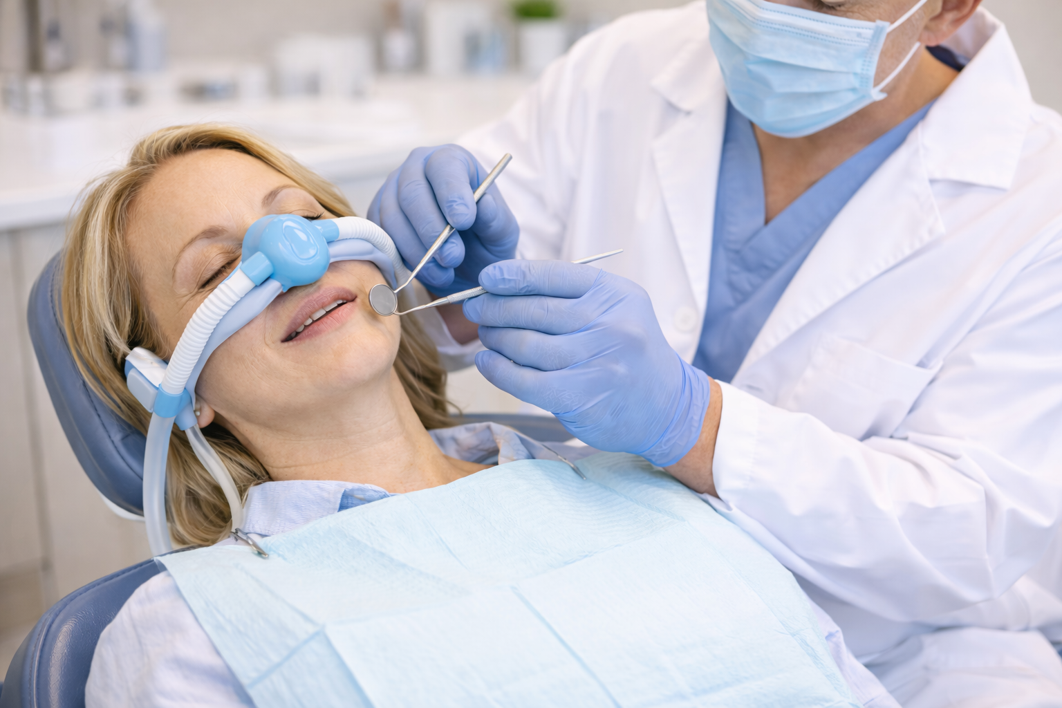 Relaxed patient receiving dental treatment under oral conscious sedation, demonstrating a calm and comfortable experience