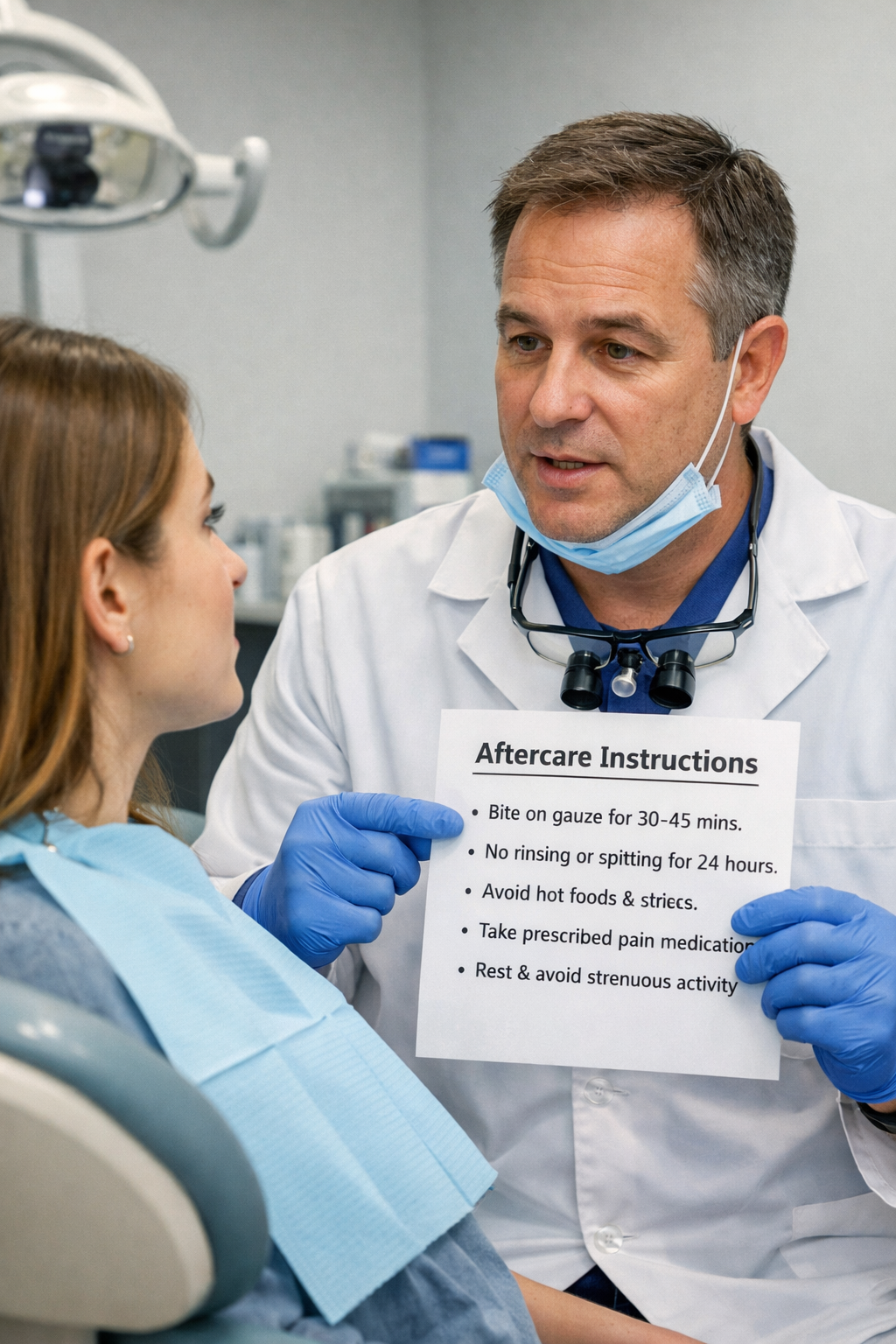 Dentist explaining post-extraction aftercare instructions to a patient in a dental chair, highlighting proper recovery steps after tooth removal.