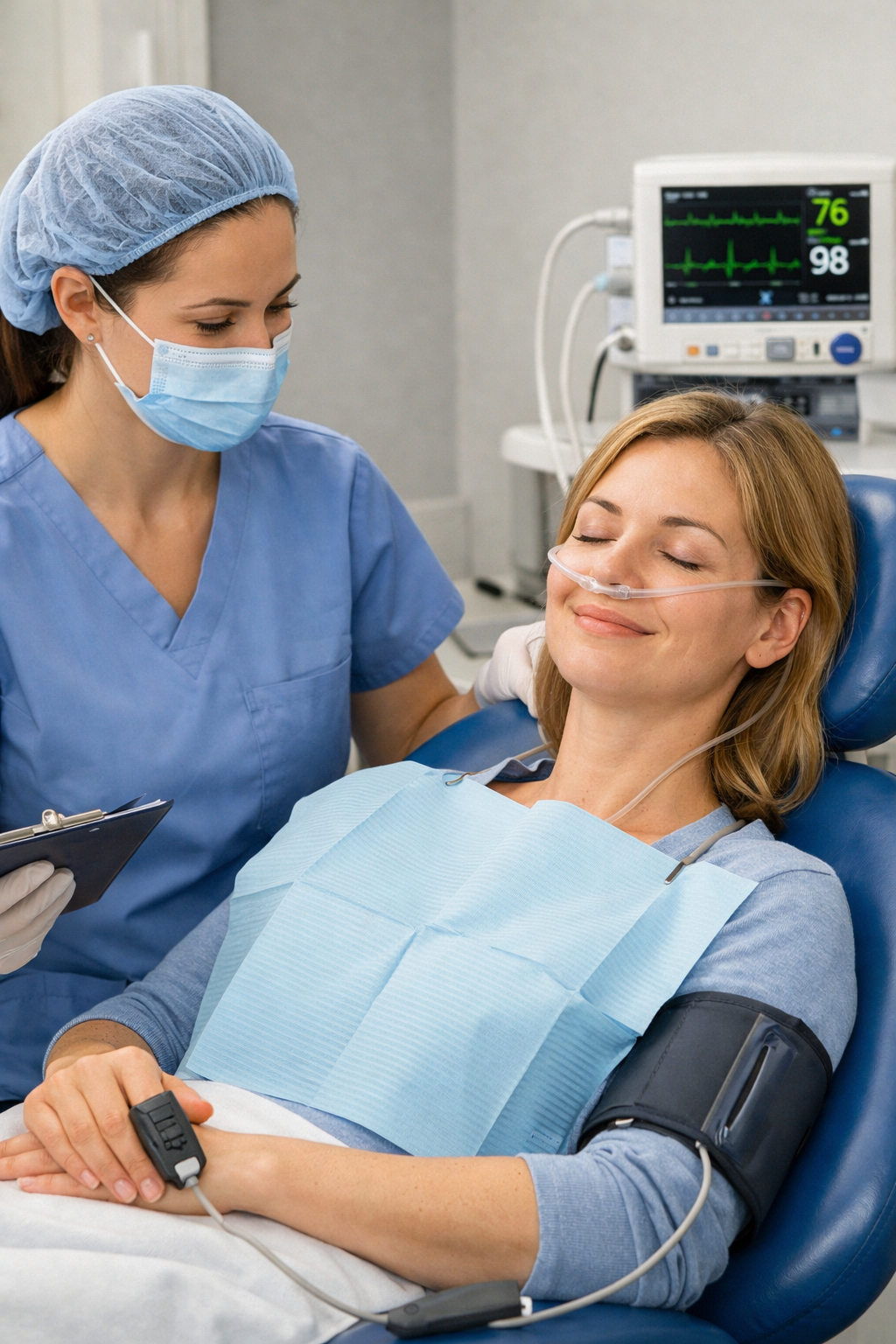 Patient receiving oral conscious sedation while dental professional monitors vital signs in a modern dental office