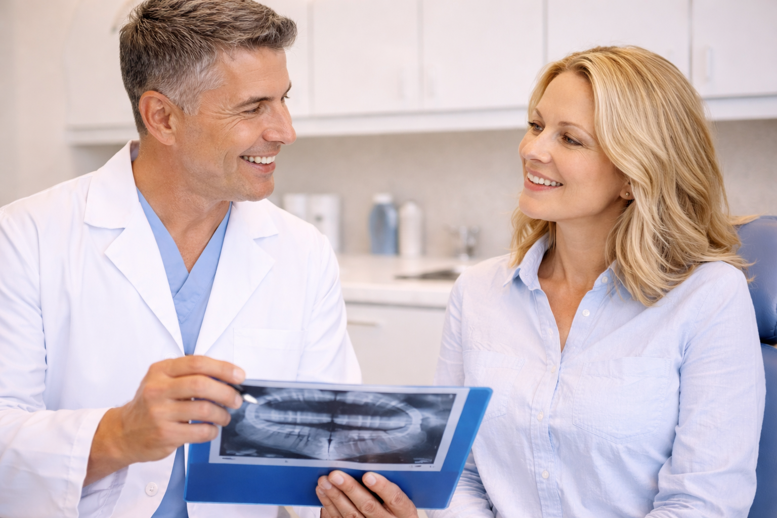 Dentist discussing personalized dental treatment and sedation options with a patient in a calm, reassuring setting in Winchester, VA