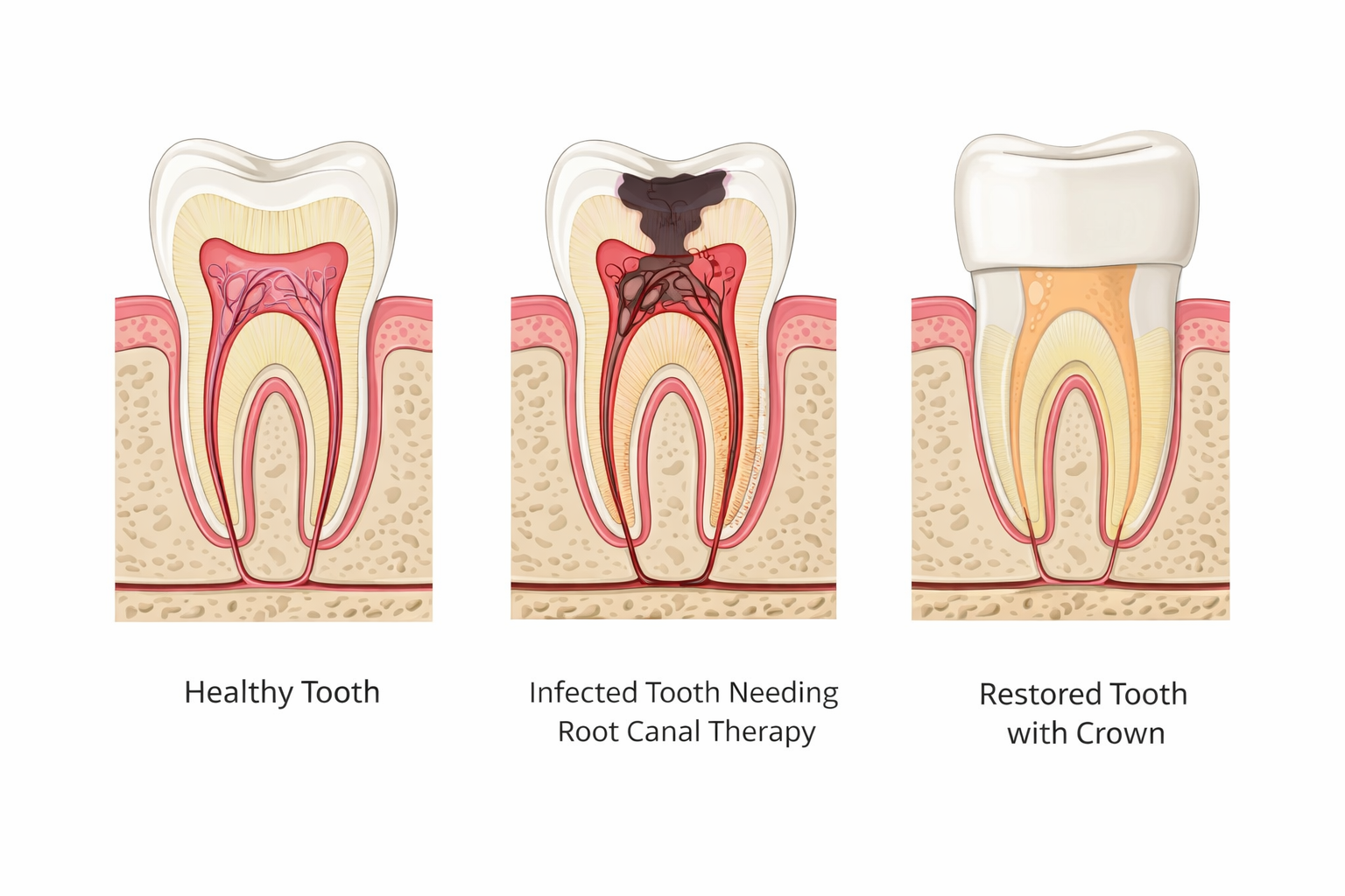 Illustration comparing a healthy tooth, an infected tooth needing root canal therapy, and a restored tooth with a dental crown in Winchester, Virginia.