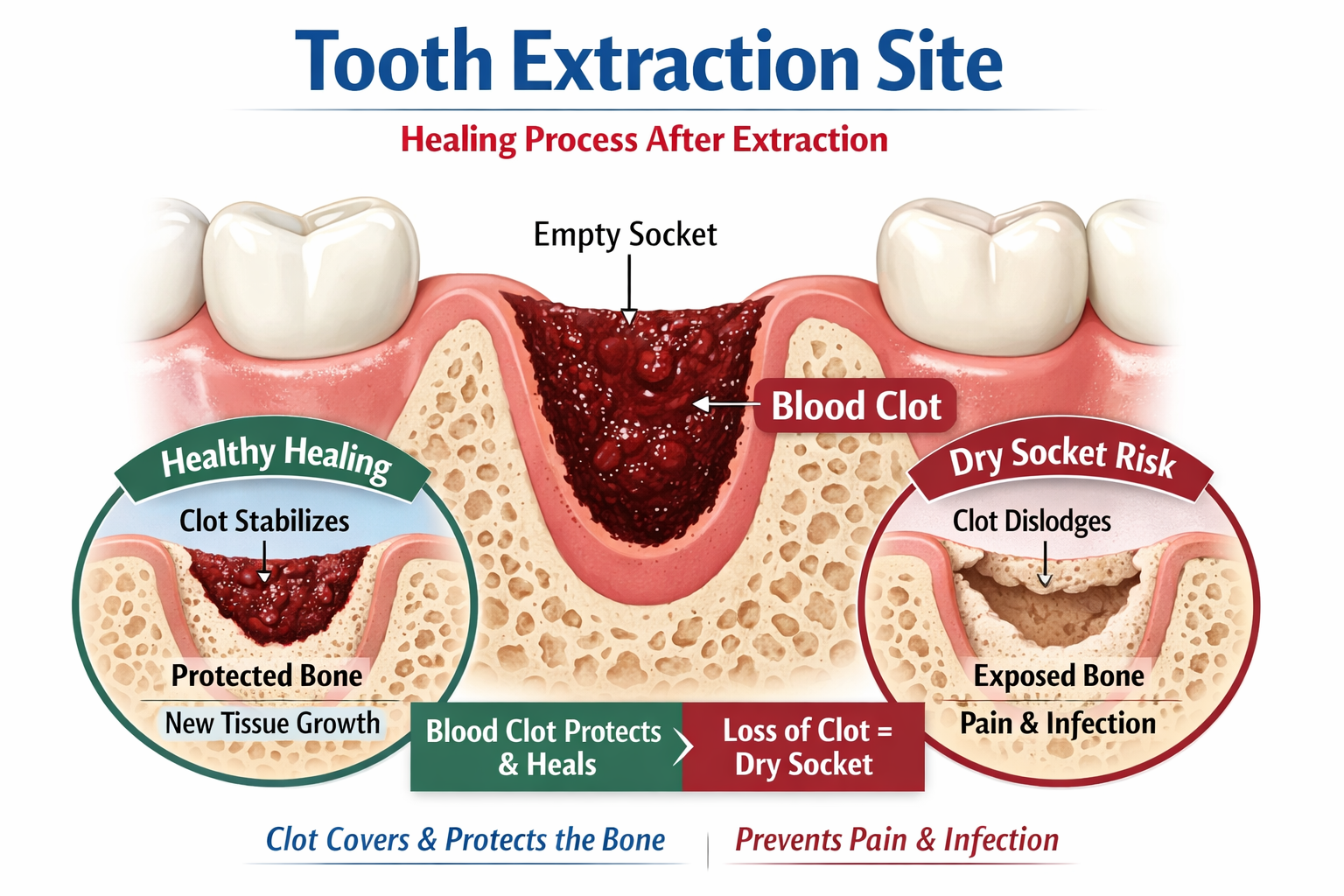 Illustration of a tooth extraction site showing a blood clot forming in the socket to protect the bone and prevent dry socket during healing.