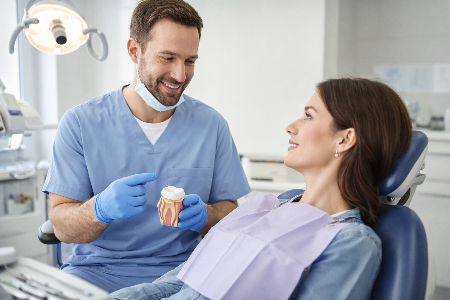 Friendly dentist consulting with a relaxed patient in a modern dental office, explaining root canal treatment using a tooth model to build comfort and trust.