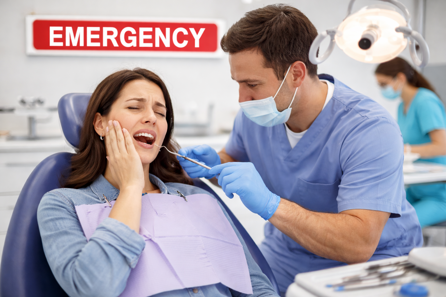 Emergency dental care scene showing a patient in severe tooth pain while a dentist provides urgent treatment in a modern dental clinic.