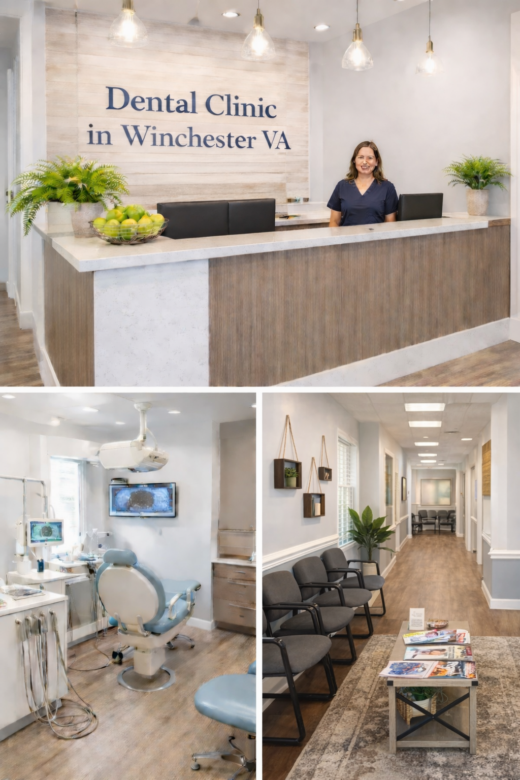 Modern dental clinic in Winchester VA featuring a welcoming reception desk, advanced treatment room with dental equipment, and a comfortable patient waiting area.