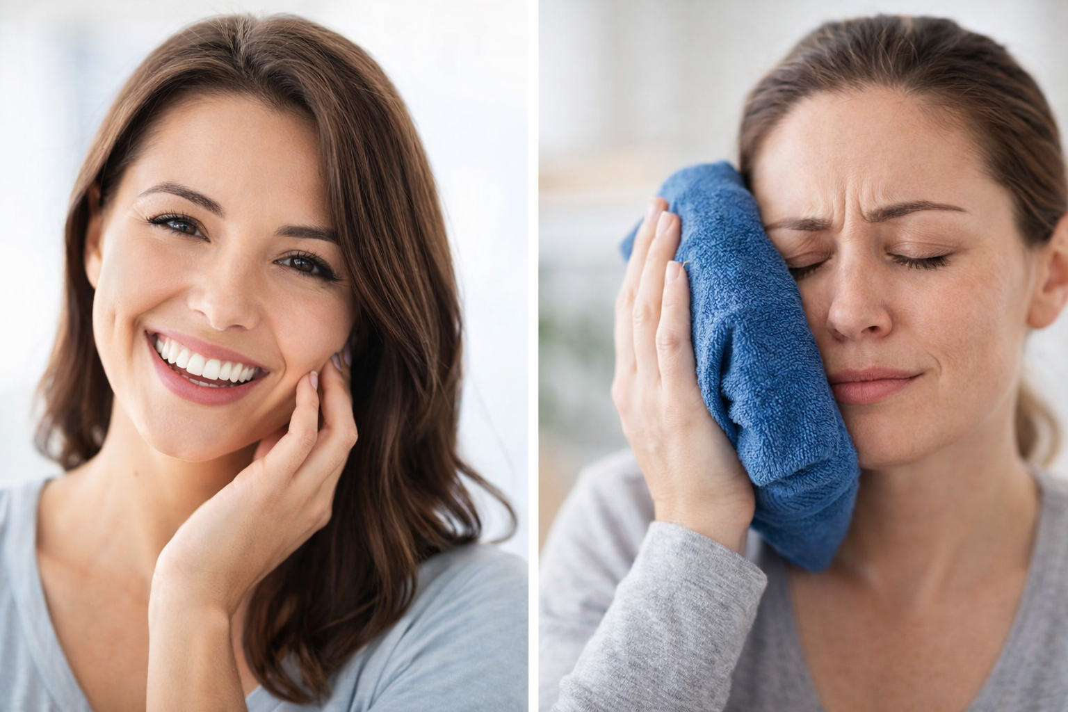 Side-by-side images showing a woman smiling confidently after tooth pain relief and another applying a cold compress to ease dental discomfort.