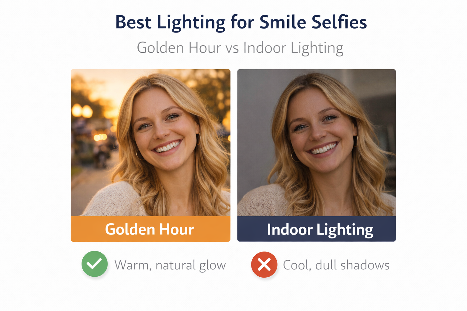 Comparison showing the best lighting for smile selfies with golden hour natural light versus indoor lighting.