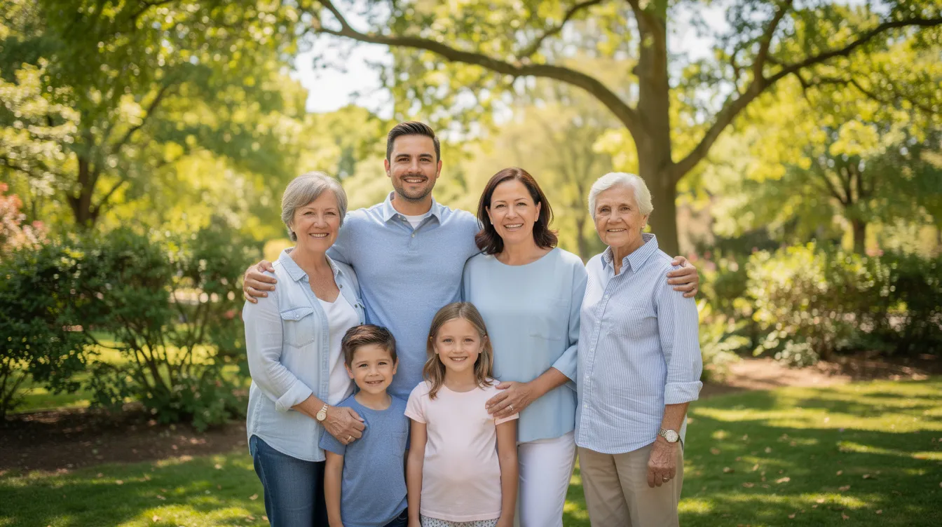 A happy family is smiling together outdoors in a park, surrounded by lush greenery, embodying the joy of life and confident smiles. This moment captures the essence of oral health and the importance of professional dental care in achieving beautiful smiles.