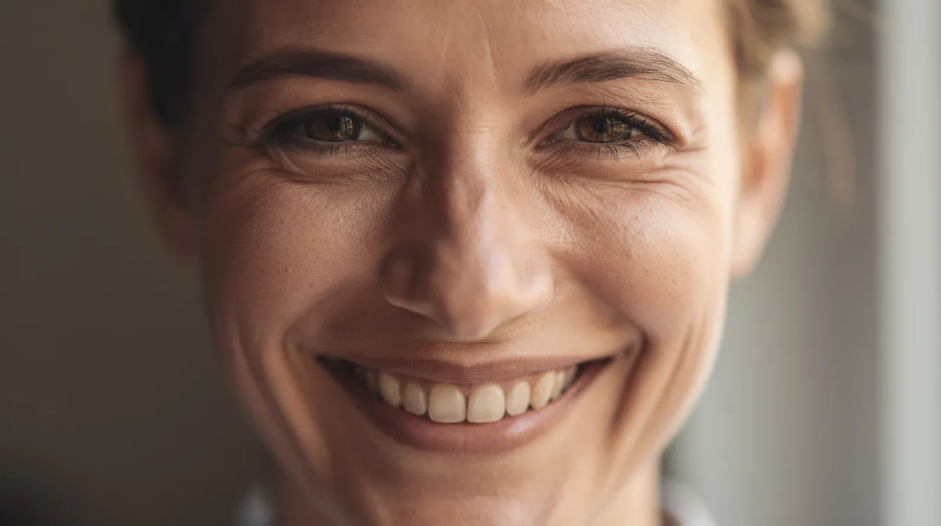 A close-up of a person with a beautiful, genuine smile that highlights natural eye crinkles, radiating joy and confidence. This moment captures the essence of professional dental care, showcasing the difference a confident smile can make in one's life.