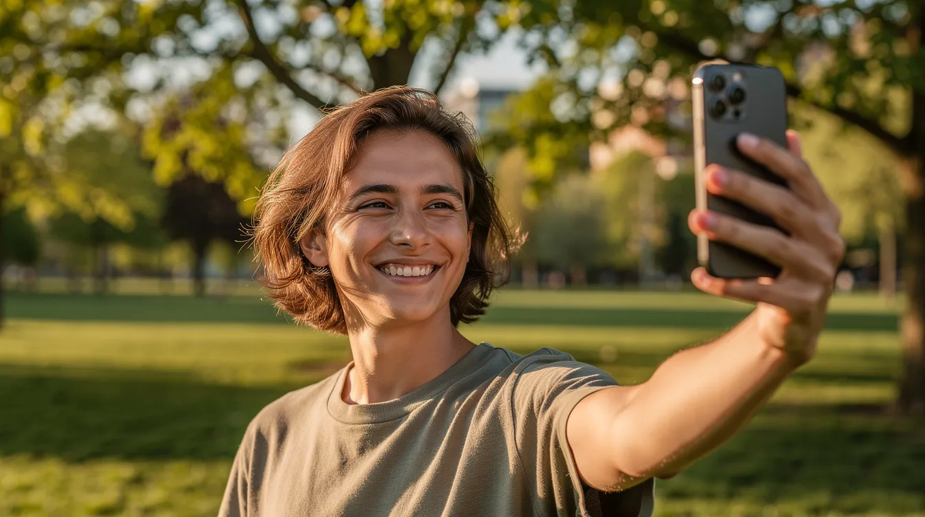 A person is smiling naturally while taking a selfie outdoors in a sunny park, showcasing their beautiful smile and confidence. This joyful moment highlights the importance of oral health and the positive impact of professional dental care on one's appearance.