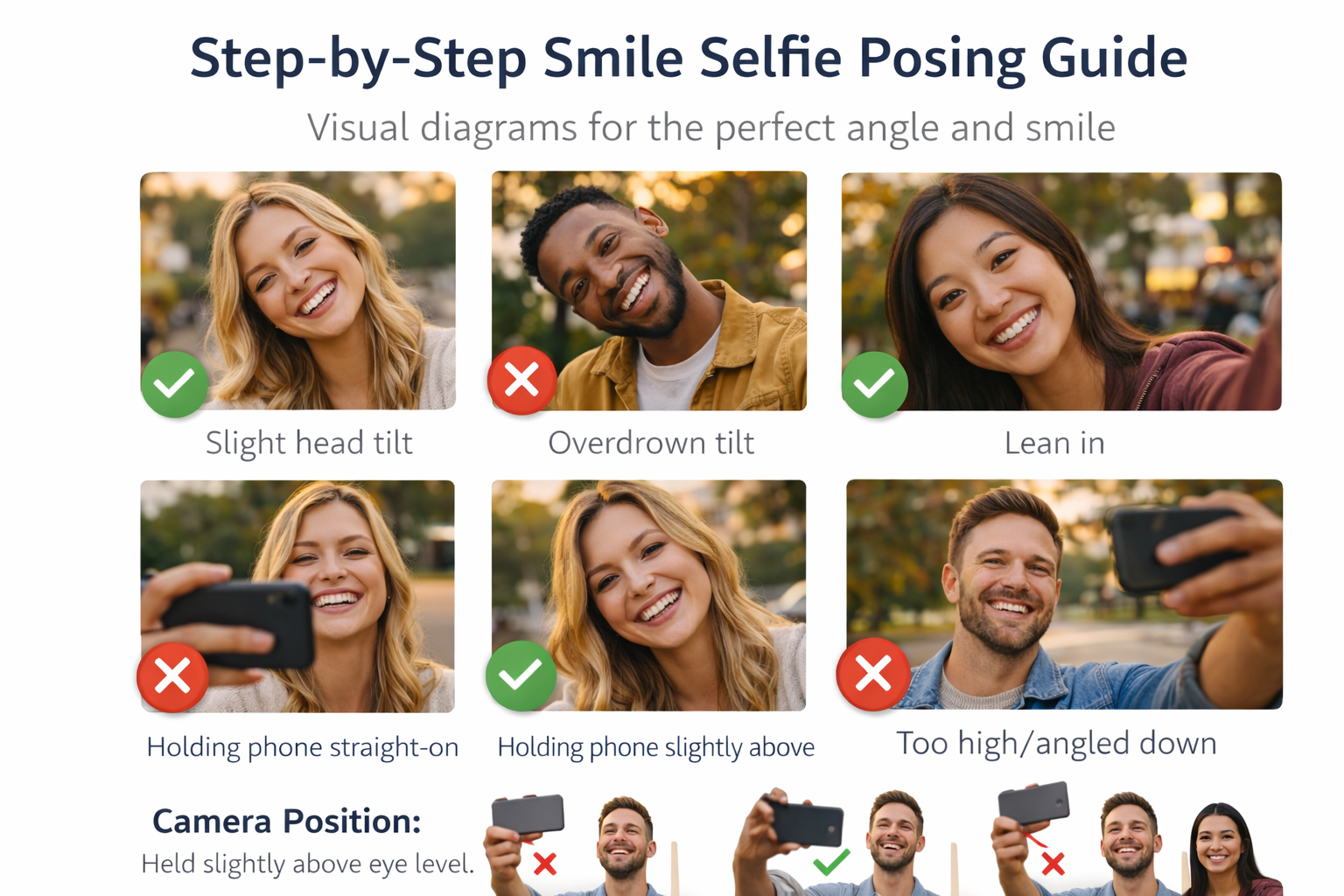 Step-by-step smile selfie posing guide showing the best angles and camera positions for perfect smile selfies