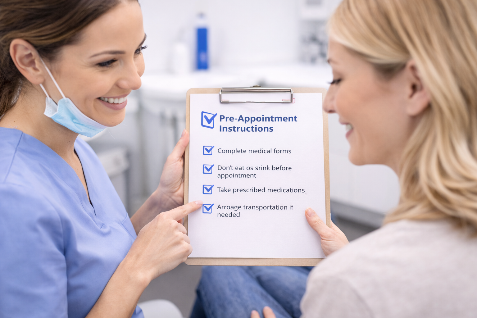 Dental team member reviewing pre-appointment instructions checklist with a patient in a dental office