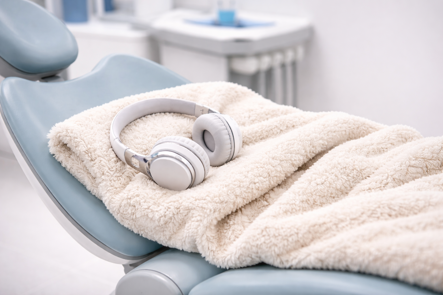 Patient relaxation setup with headphones and cozy blanket on a dental chair in Winchester VA dental office