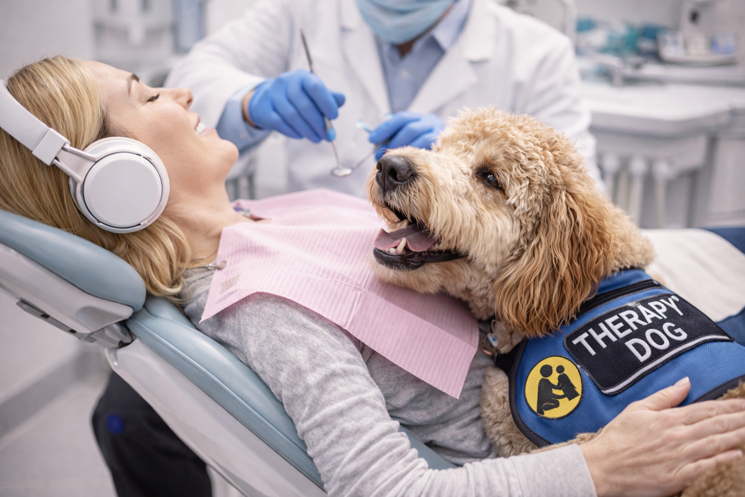 Certified therapy dog comforting a patient during dental treatment in a Winchester VA dental office